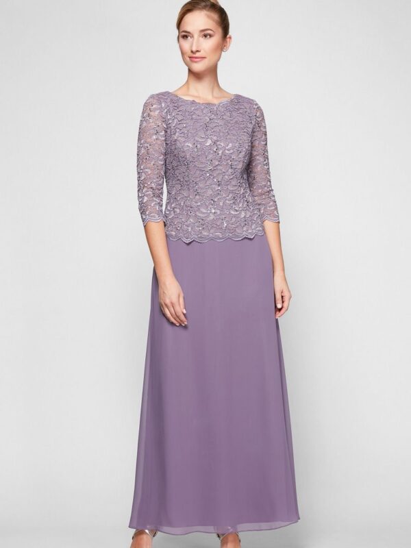 Lace and Chiffon A-Line Dress with Sheer Sleeves Alex Evenings 112655