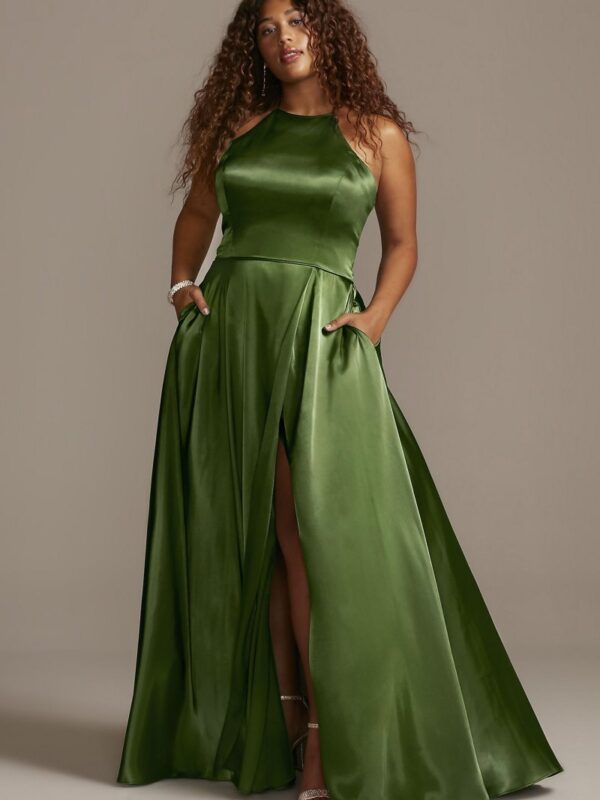 High Neck Satin Slit Plus Size Gown with Pockets Blondie Nites 1160BNW