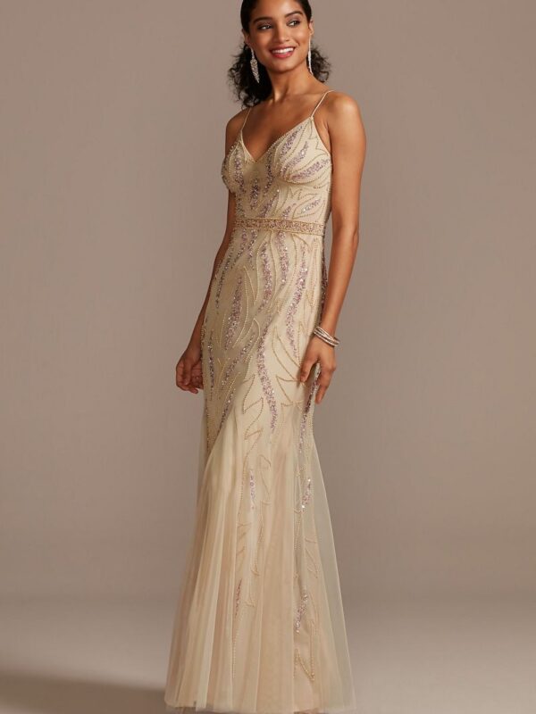 Beaded Overlay V-Neck Gown with Spaghetti Straps Jump 11655