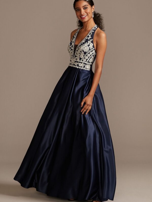 Embellished Bodice Satin Gown with Open Back Blondie Nites 1168BN