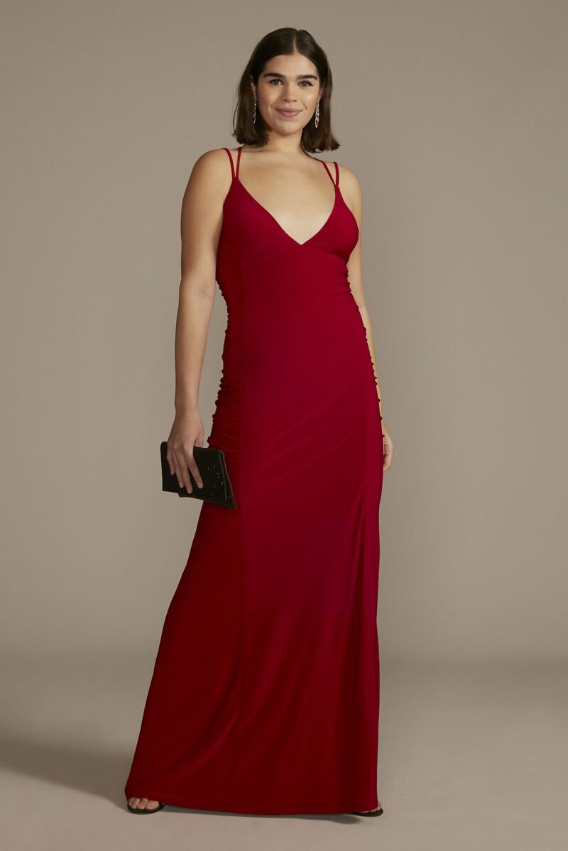 Ruched Panel Plunging Sheath Gown 12301