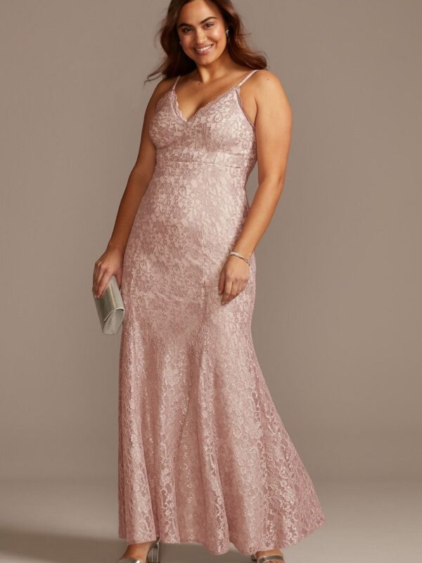 Glitter Lace Spaghetti Strap Plus Size Godet Gown  12832W