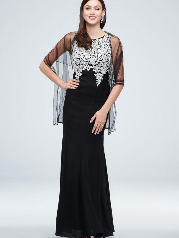 Embroidered Crystal-Accented Vines Gown with Shawl Alex Evenings 160073D