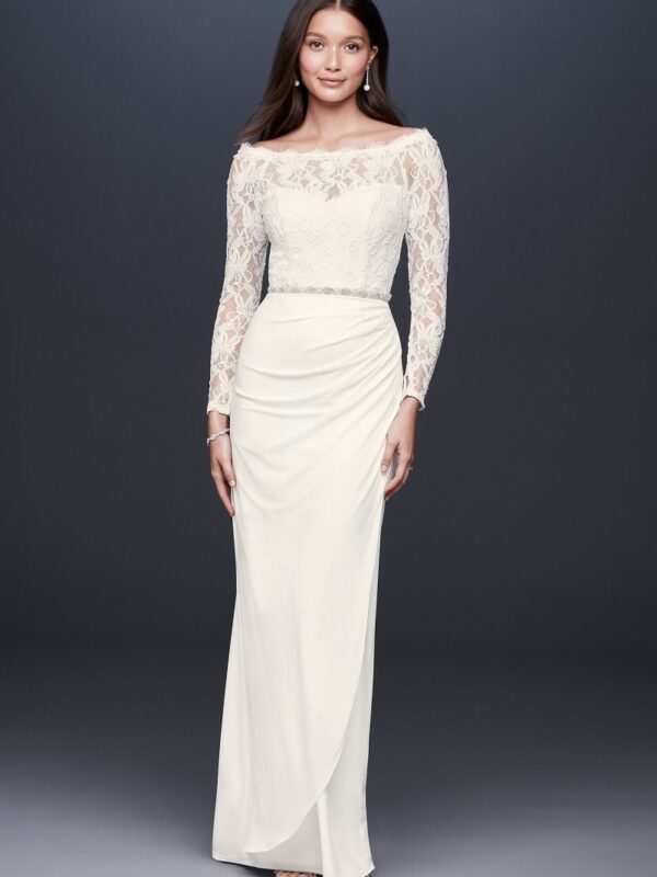 Off-the-Shoulder Long Sleeve Lace Draped Gown 184213DB