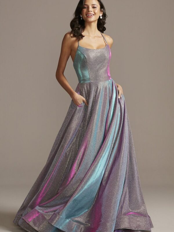 Lace-Up Back Metallic Iridescent Glitter Dress Night Studio 2139D