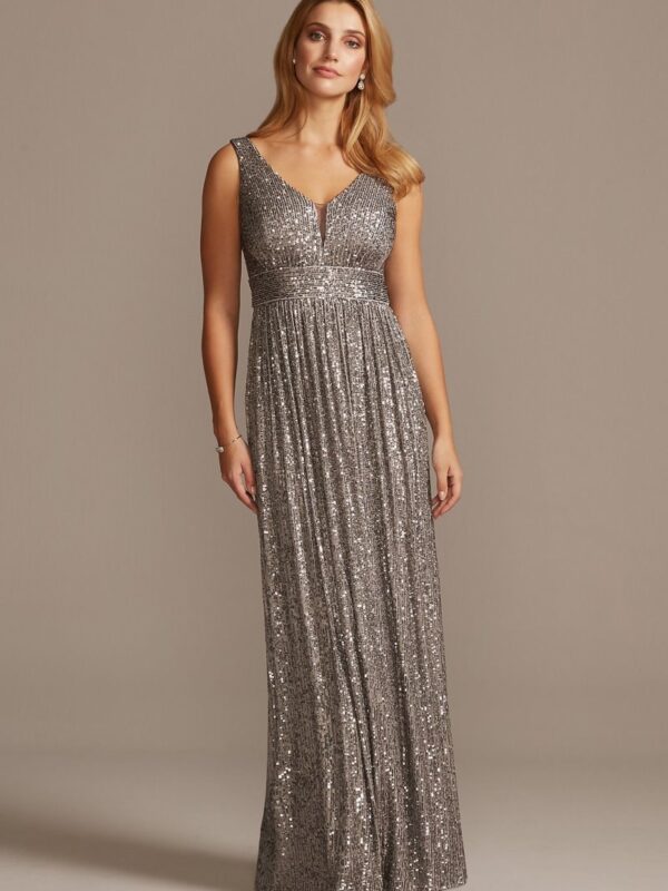 Allover Sequin Pleated Gown with Illusion Plunge  21923