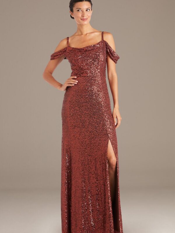 Swag Sleeve Allover Linear Sequin Gown 21982