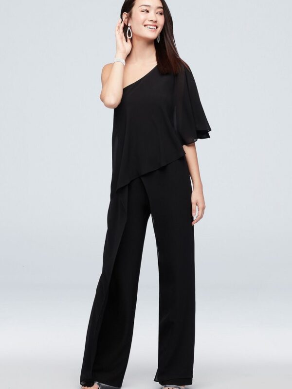 One-Shoulder Crepe Jumpsuit with Chiffon Overlay Marina 262992