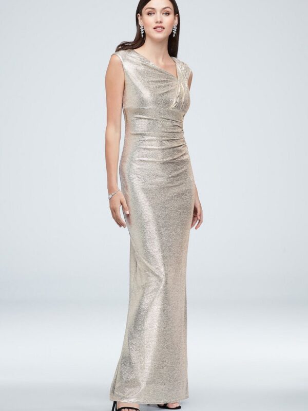 Metallic Asymmetrical Stretch-Knit Gown with Slit Marina 263526D