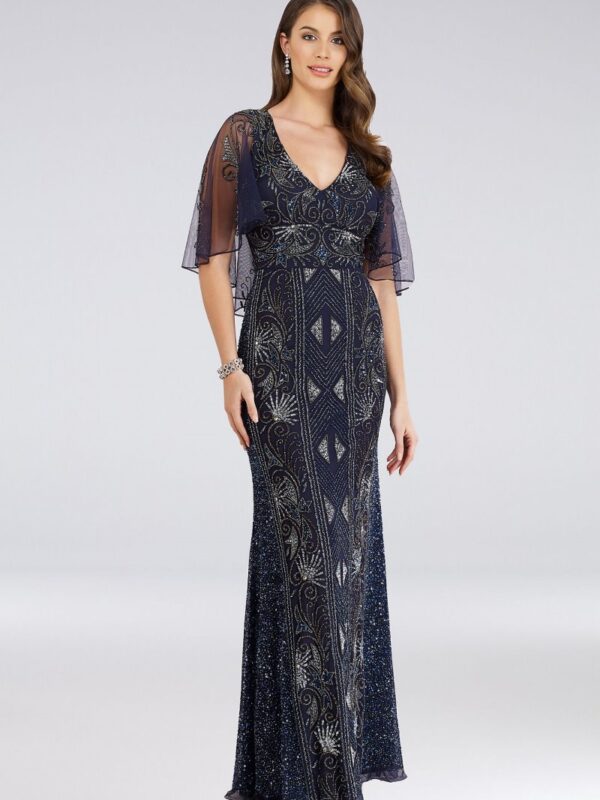 Fitted Beaded V-Neck Gown with Sheer Capelet Lara 29393