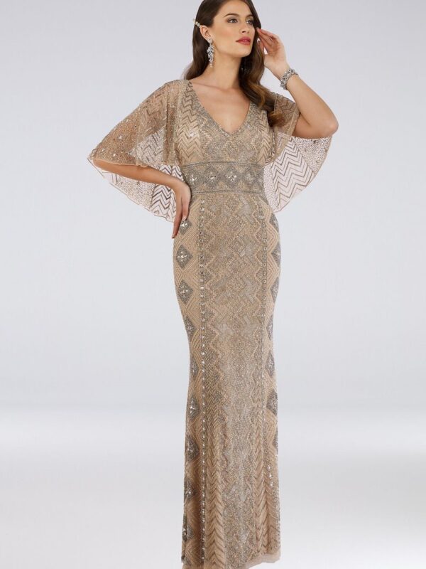 V-Neck Beaded Gown with Sheer Capelet Lara 29397