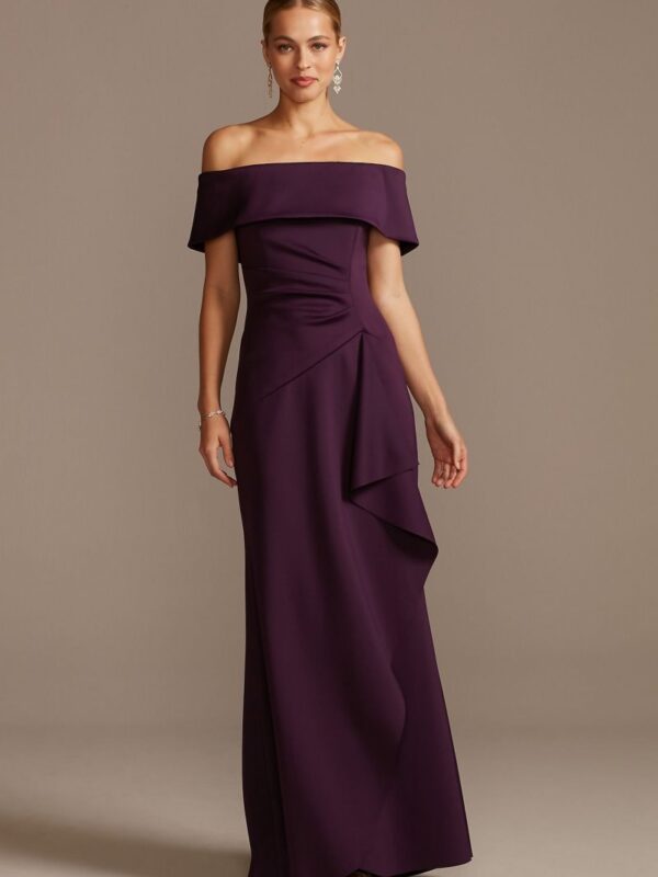 Off the Shoulder Ruched Gown with Hip Cascade Xscape 3008XD