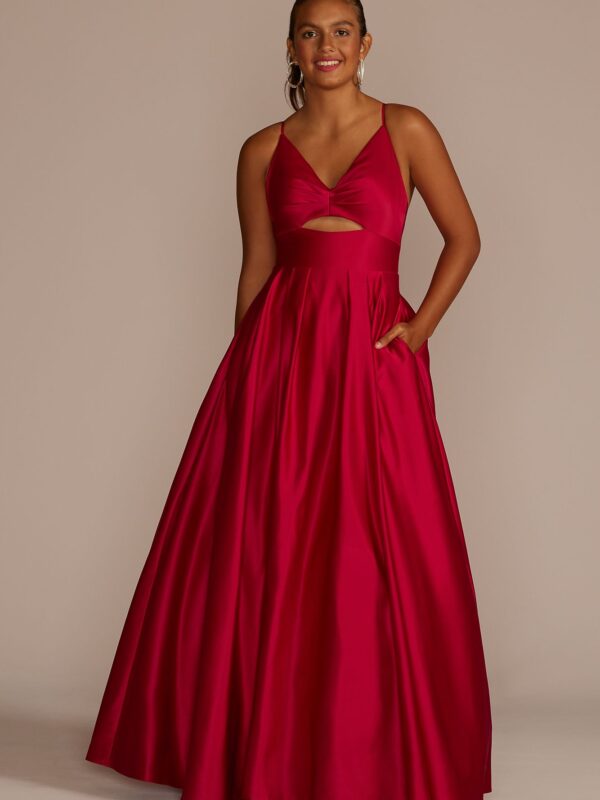 Long V-Neck Satin Ball Gown with Bodice Cutout 3803BN