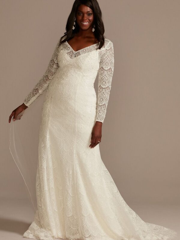 Lace Beaded Long Sleeve Tall Plus Wedding Dress  4XL8SLMS251206