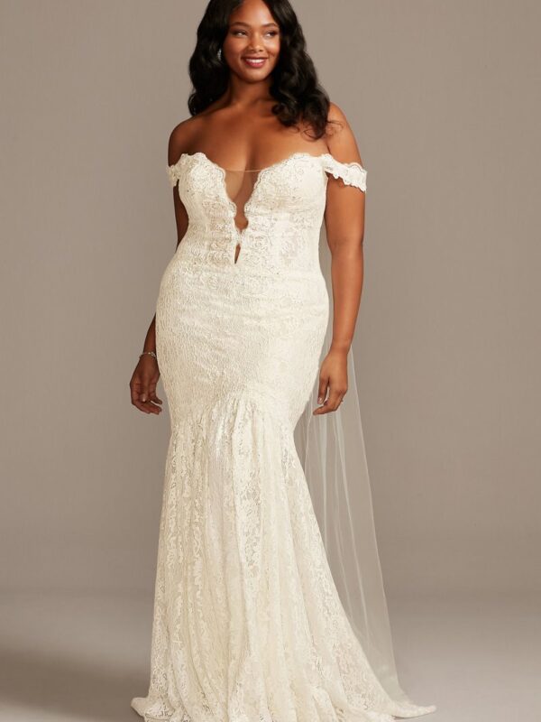 Off Shoulder Plunging Tall Plus Lace Wedding Dress 4XL9SWG855