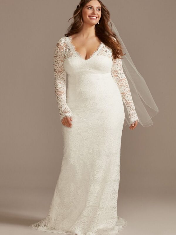 Long Sleeve Lace Tall Plus Wedding Dress with Tie 4XL9WG4045