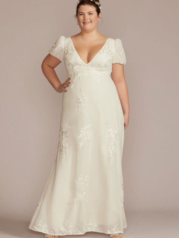 Floral Puff Sleeve V-Neck Tall Plus Wedding Gown 4XL9WG4052