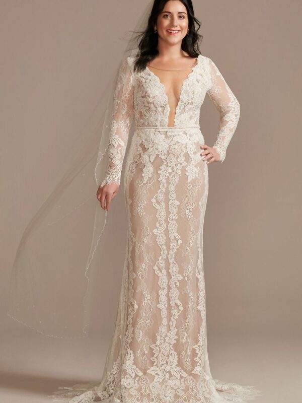 Illusion Plunge Sleeved Tall Lace Wedding Dress  4XLMS251247