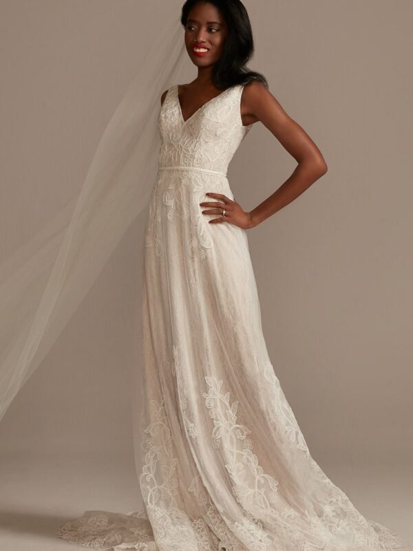 V-Neck Lace Tall Wedding Dress with Scallop Hem  4XLMS251250