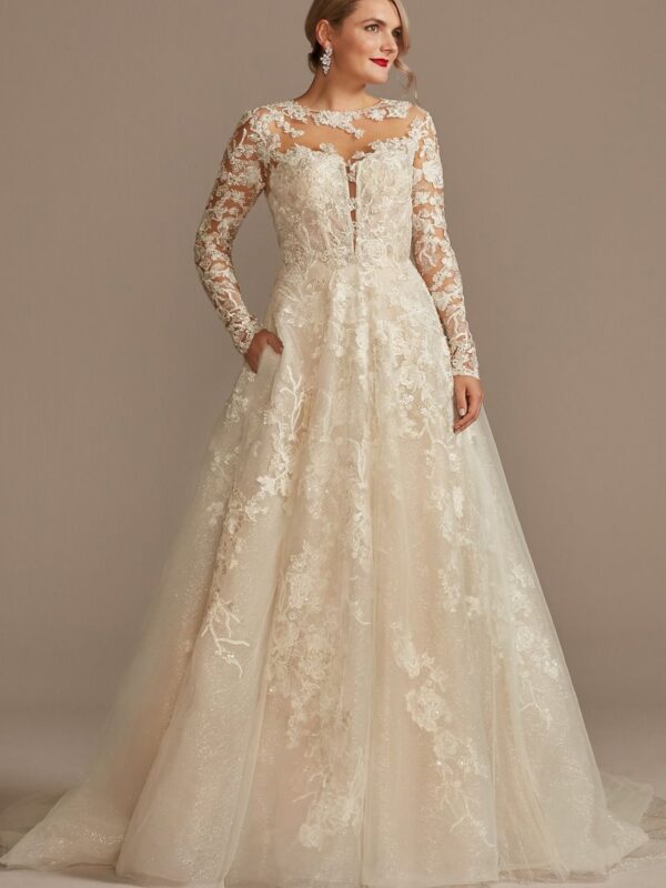 Lace Illusion Long Sleeve Tall Wedding Dress  4XLSLCWG833