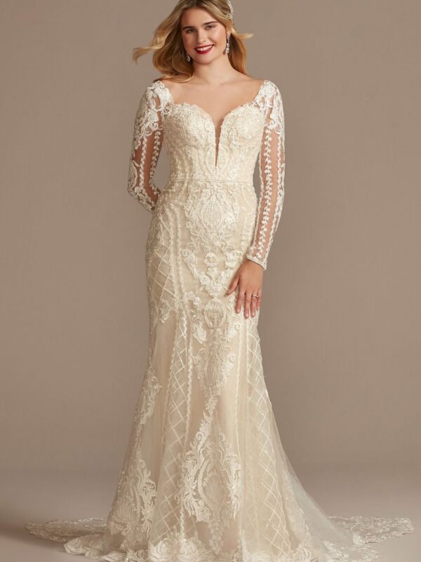 Tall Scroll Lace Sleeved Mermaid Wedding Dress  4XLSLCWG878