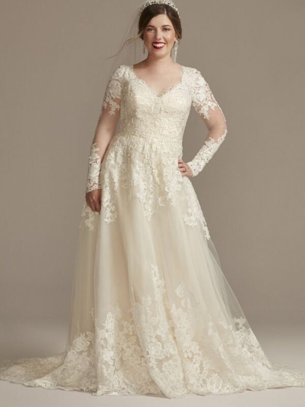 Lace and Tulle Long Sleeve Tall Wedding Dress 4XLSLWG3850