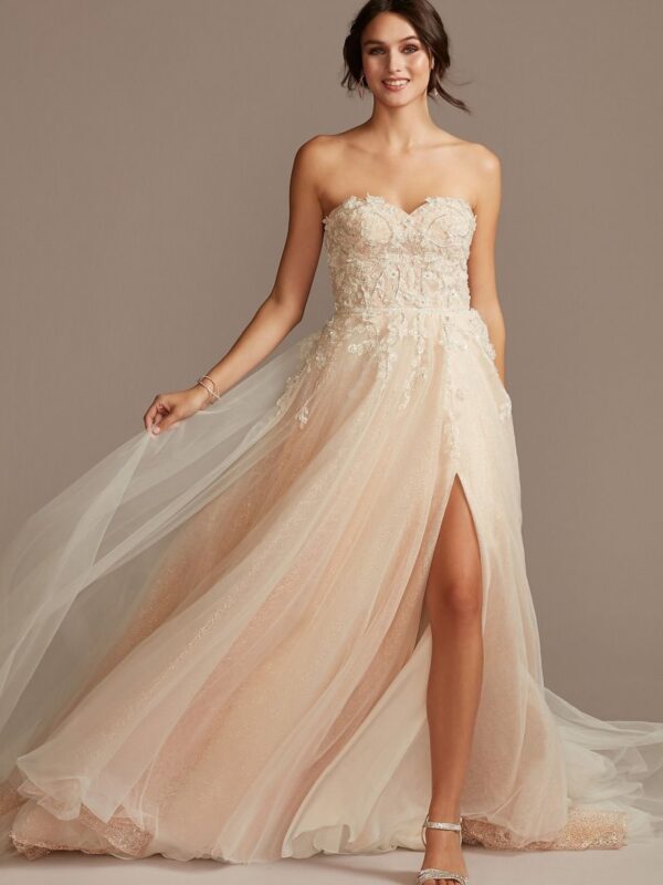 Floral Bead Tall Wedding Dress with Metallic Tulle 4XLSWG871