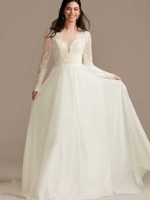 Long Sleeve Plunge Lace Chiffon Tall Wedding Dress 4XLWG4035