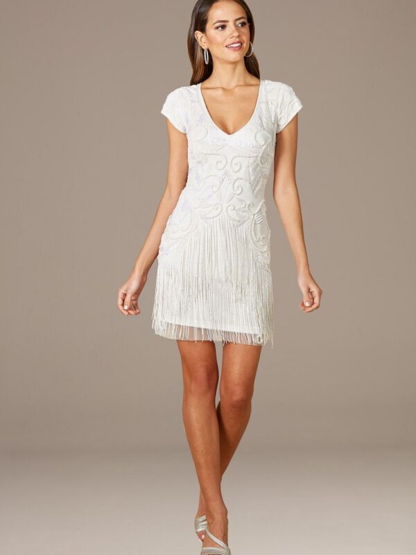 Lara Candie V-Neck Beaded Mini Dress with Fringe Lara 51053