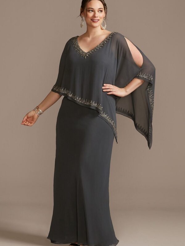 Beaded V-Neck Capelet Plus Size Sheath Dress Jkara 5296GRW