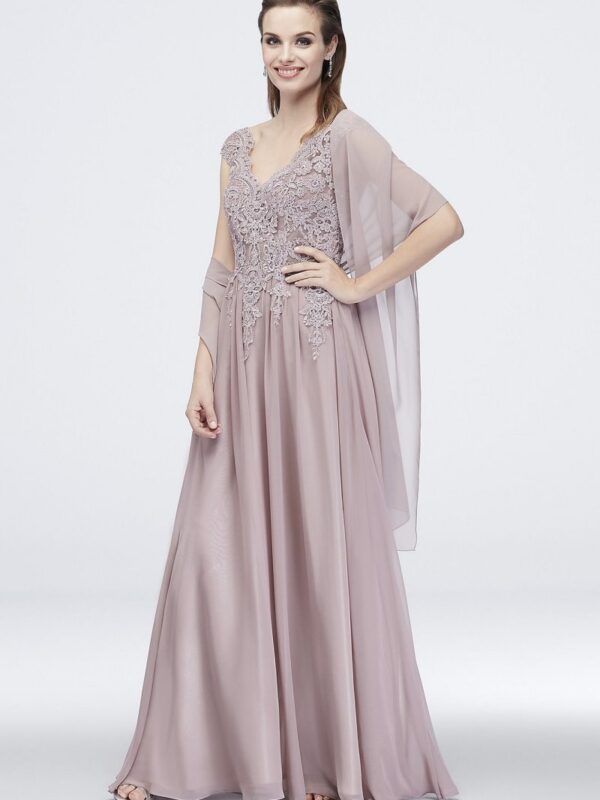 Corded Floral Lace Cap Sleeve Chiffon A-Line Dress Cachet 60178D