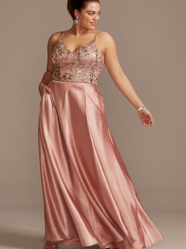 Floral Embellished Plus Size Gown with Satin Skirt Sequin Hearts 6729MV8W