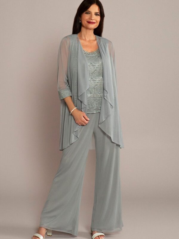 3-Piece Pantsuit with Beaded Tank and Flowy Jacket 7008D