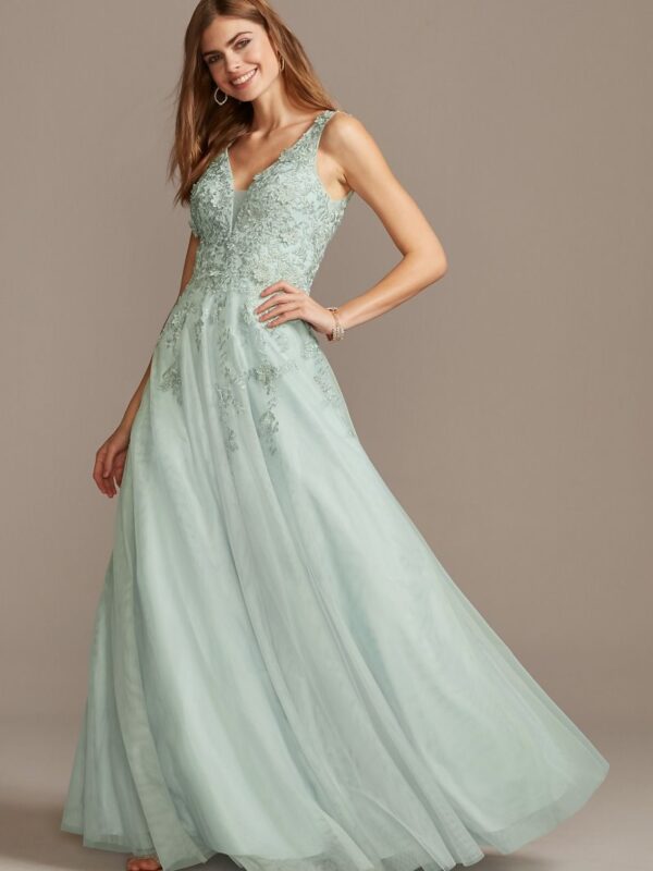 Mesh V-Neck Gown with 3D Floral Applique Xscape 783X