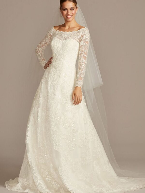 Petite Off-The-Shoulder Lace A-Line Wedding Dress  7CWG765