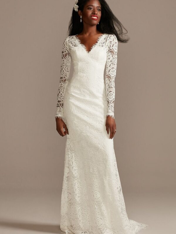 Long Sleeve Lace Petite Wedding Dress with Tie 7WG4045