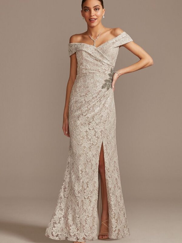 Off the Shoulder Lace Gown with Embellished Detail Alex Evenings 81122267