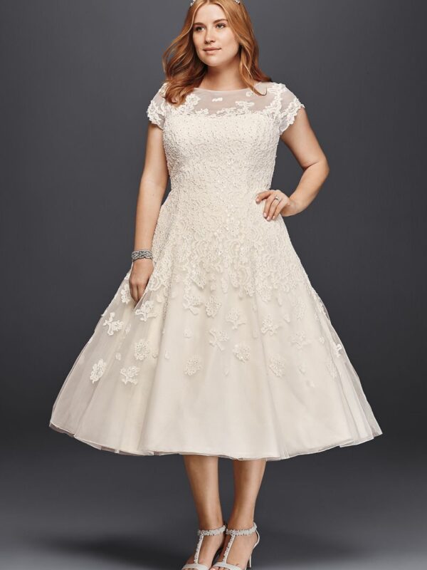 Cap Sleeve Tea Length Wedding Dress  8CMK513