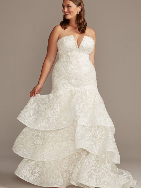 Notch-Neck Lace Mermaid Plus Size Wedding Dress  8CWG846