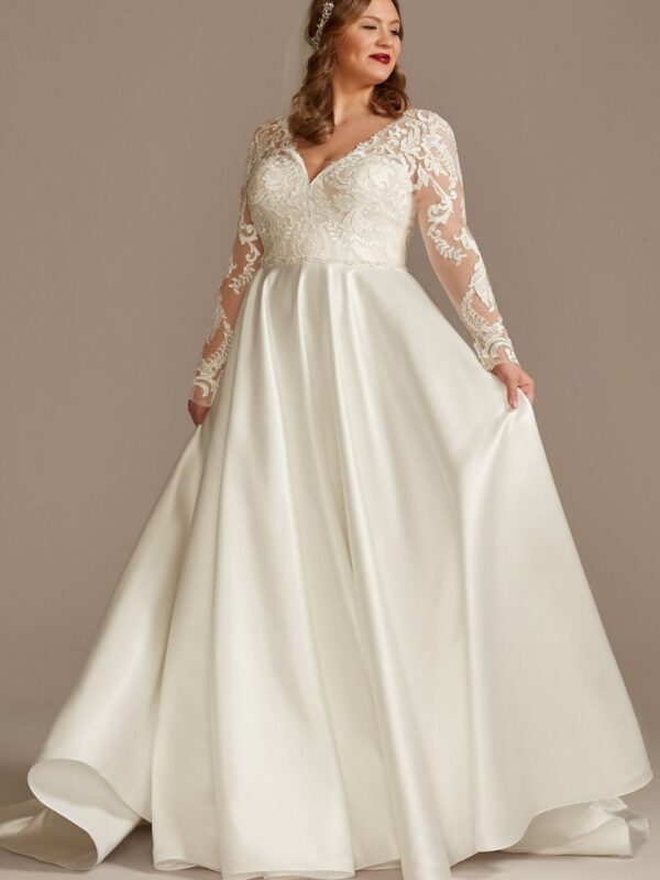 Long Sleeve Satin Plus Size Applique Wedding Dress  8CWG908