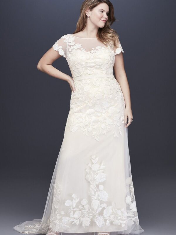 Floral Illusion Cap Sleeve Plus Size Wedding Dress  8MS251199