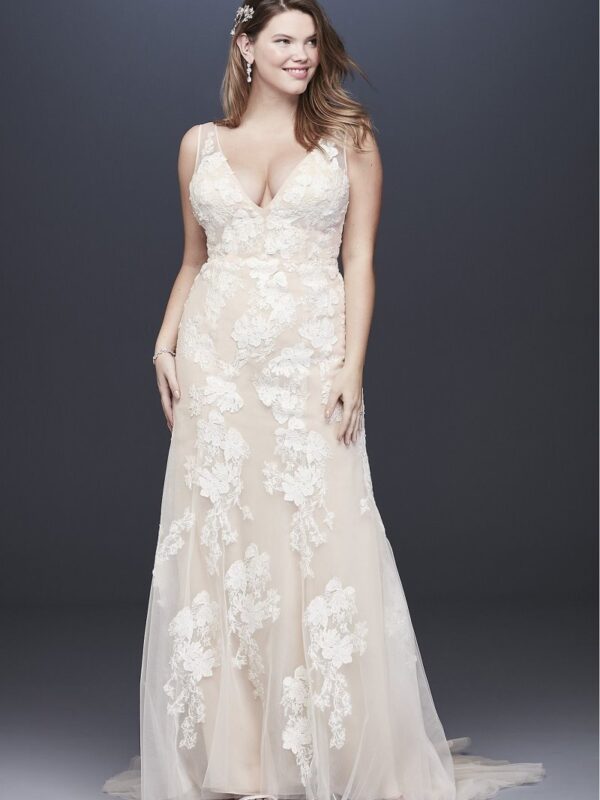 Deep V Plus Size Wedding Gown with Floral Applique  8MS251200