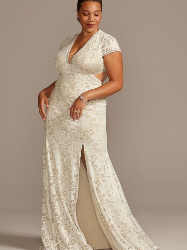 V-Neck Lace Open Back Plus Size Wedding Dress  8MS251215