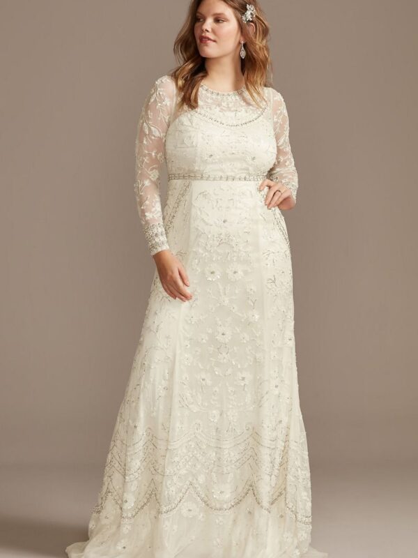 Illusion Long Sleeve Bead Plus Size Wedding Dress  8MS251222