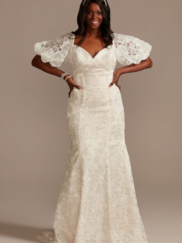 Puff Sleeve Plus Size Wedding Dress with Low Back  8MS251243