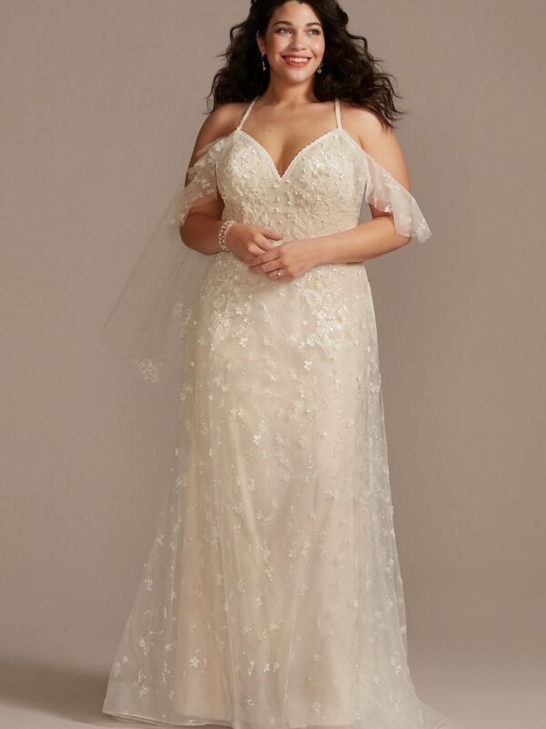 Flutter Sleeve 3D Floral Plus Size Wedding Dress  8MS251244