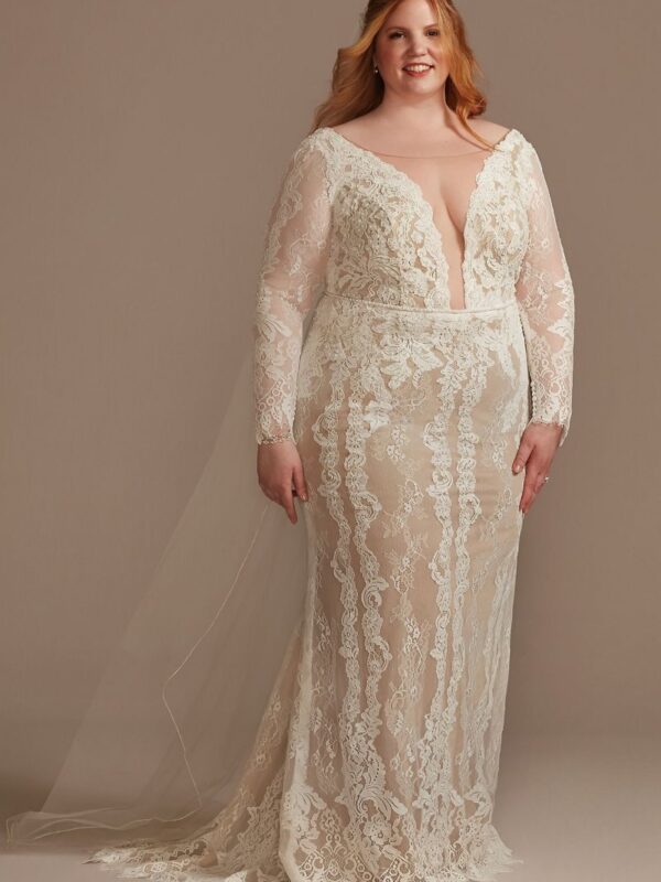 Illusion Plunge Sleeved Plus Size Wedding Dress  8MS251247