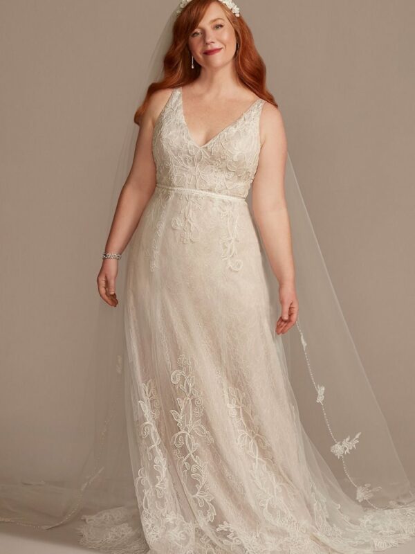 V-Neck Lace Plus Wedding Dress with Scallop Hem  8MS251250