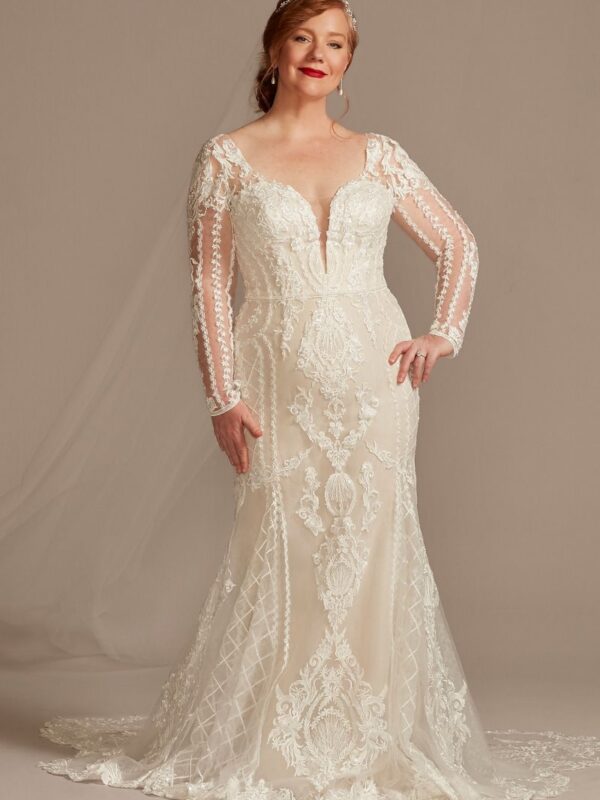 Scroll and Lace Sleeve Plus Mermaid Wedding Dress  8SLCWG878