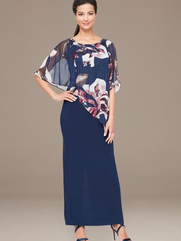 Jersey Sheath Dress with Asymmetrical Chiffon Cape  9177428